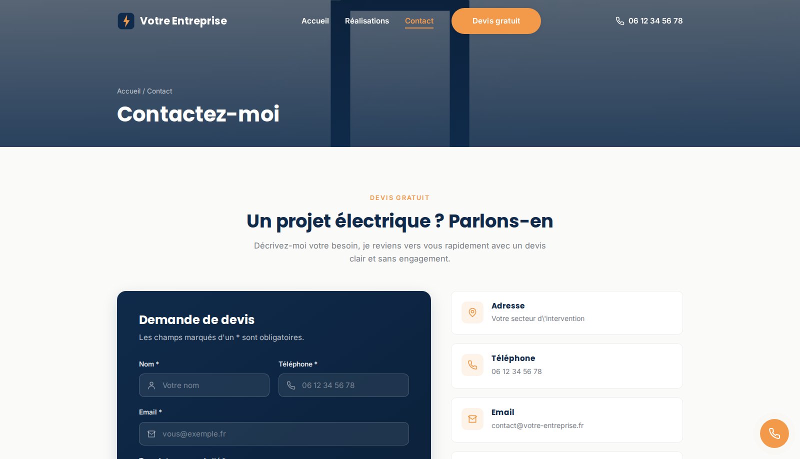 Page de contact de l'exemple de site sur ordinateur